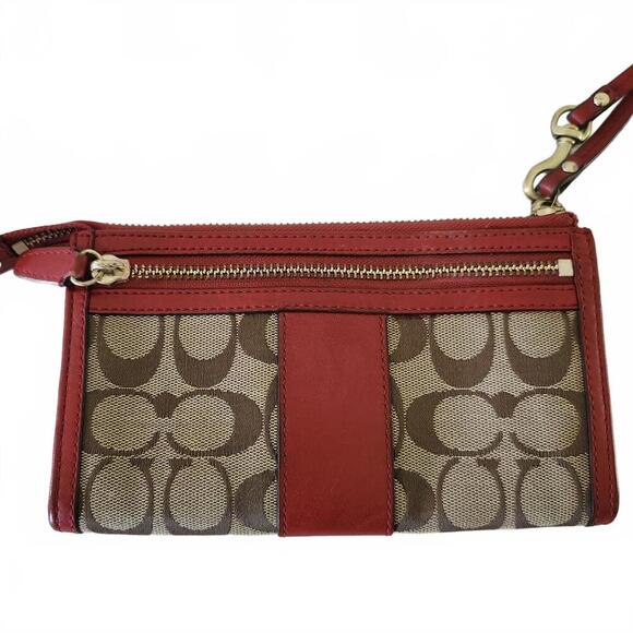 Vintage Coach Women's Wristlet Small Brown Red Signature Canvas Leather Clutch - Picture 3 of 13